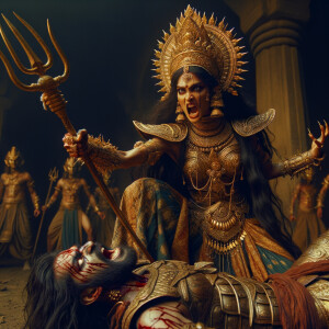 portrait of angry looking, indian goddess cosplayer straddling a defeated mahishasur, while he is lying on the ground and she stabs him with her trident. She is wearing gold armor, a huge gold crown, gold saree, abundant  gold jewelry, covered in blood. The scene is set in ancient India. The image is 8K resolution, cinematic, photography, ultra detailed face and epic.