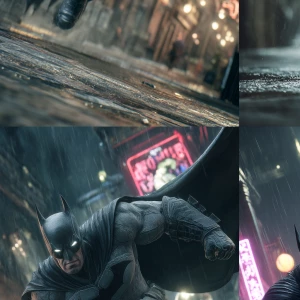 Ultra photo-realistic image of Batman in mid-action, leaping fro...