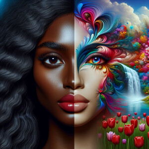 Create a digital artwork showing a half-portrait of a light-skin...