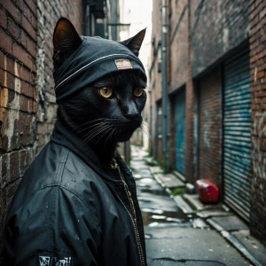 A black cat depicted as an inner-city thug, complete with a do-r...