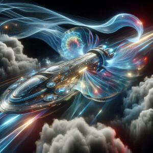 A luminous, ethereal temporal trawler drifts among digital cloud...