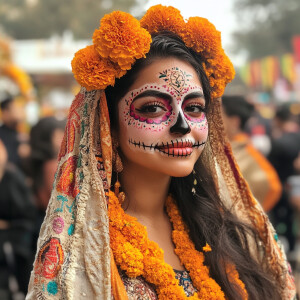 Generate an image of a beautiful Indian woman adorned in a tradi...