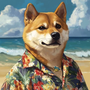 DOGE meme.,On beach in a Hawaii shirt, GTA style art