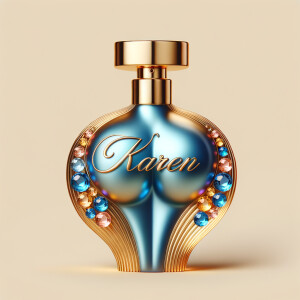 Create a 3-D realistic gold and blue, colorful jewels perfume b...
