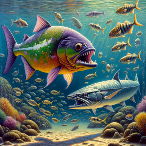 Purple lime piranha no teeth playing with a barracuda