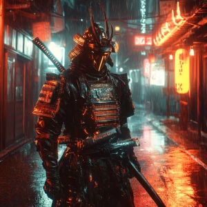 Dramatic splash art. A lone cyberpunk samurai stands defiantly i...