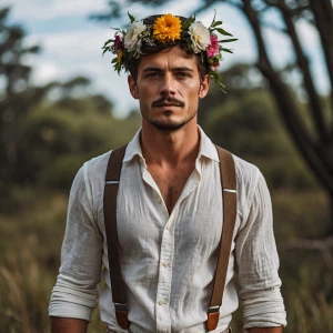 Photography, look to the front, a groom in linen shirt, suspende...