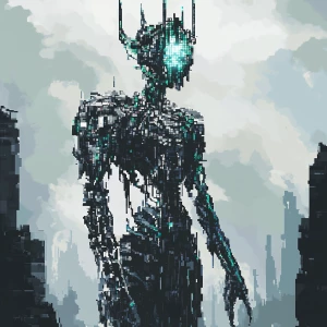 A futuristic, gleaming Draugr rises from the depths of a digital...