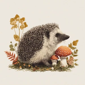 Small hedgehog sitting beside mushroom, vintage illustration sty...