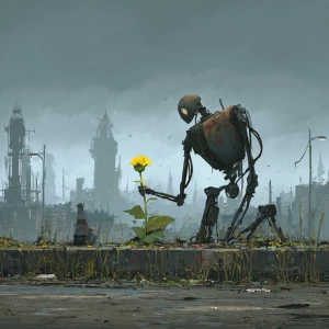 The small silhouette of a robot  gathers scraps of metal and deb...
