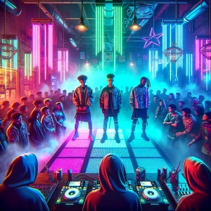 Three urban rap artists are standing in a circle at a small, smo...