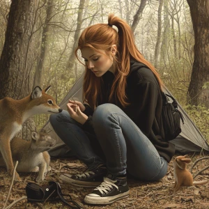 Create a photorealistic image of a woman with long ginger hair t...