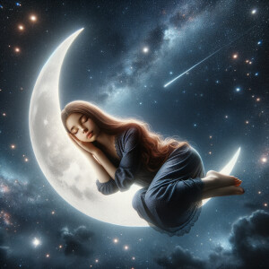 Girl sitting on the moon at night