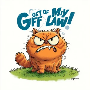 A grumpy cartoon-style cat standing on a lawn, fur fluffed up, o...