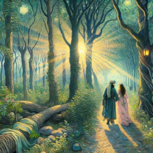 A couple walking romanticly in the forest