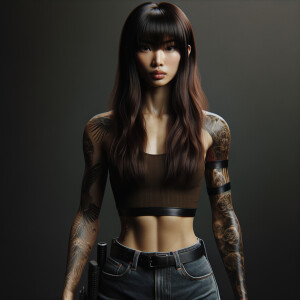 Thin Asian teen girl wearing tight jeans and a halter top Long brown hair and bangs, tattoos on her arms, athletic heroic pose