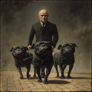 Photorealistic image of a cute black 3 headed dog being walked b...