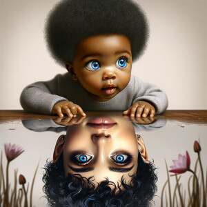 A curious cute african-American, baby with huge blue eyes and cu...