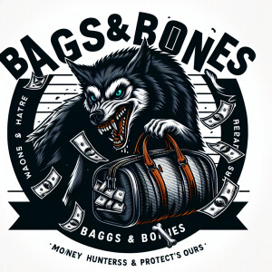 very detailed logo showing vicious 6 eyed wolf eating a money du...