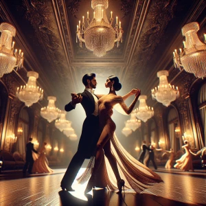 Create an image of a couple performing an elegant ballroom dance...