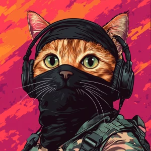 A wide-eyed ginger cat wearing a black tactical balaclava (or ma...