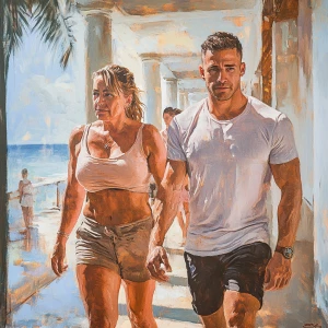 Sharp painting, HD.A man  muscular beefy sweat walking with his...