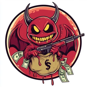 Design a cartoon-style circular logo featuring a cheeky demon we...