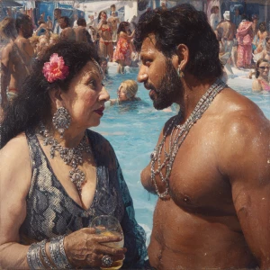 Hyperrealism,painting. a punjabi  villain  curvy mother in law,...