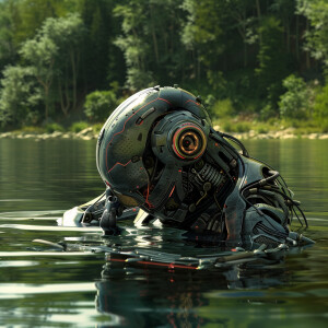 Cyborg's swimming in a lake. HDR, ultra-detailed, masterpiece,...