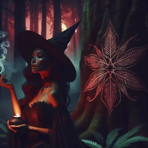 "In the heart of an enchanting forest glade, a mysterious witch reclines against an ancient tree, drawing fragrant, swirling smoke from a herbal cigar. The night air is calm, and the moonlight casts a gentle crimson glow around her, illuminating her serene expression. Behind her, the backdrop features a stylized illustration of a five-lobed plant leaf, crafted with delicate artistry. The scene balances a sense of mystical tranquility with the natural beauty of her woodland sanctuary."