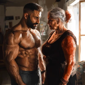 Realistic art 1:1,A muscular sweaty man talking to his 54 year o...