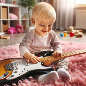 A baby with blonde hair and blue eyes playing the electric guita...