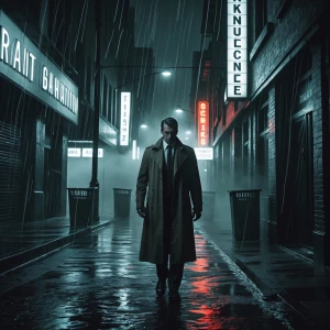A detective in a trench coat walking through a foggy, rain-soake...