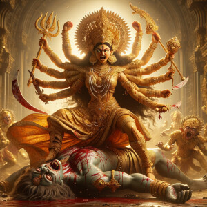 portrait of angry looking goddess durga victory posing on a defe...