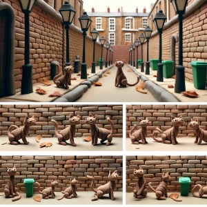 poorly done clay cat strolling along a brick walled street