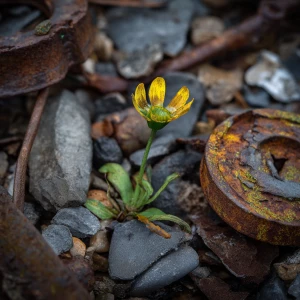 Metal debris around one small flower with a green stem and yello...
