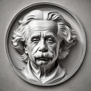 Head portrait of Einstein looking at the camera against a neutra...