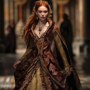 Create a photorealistic image of a light ginger-haired model wal...