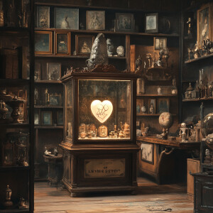 Generate a dusty, dimly-lit antique shop with shelves cluttered...