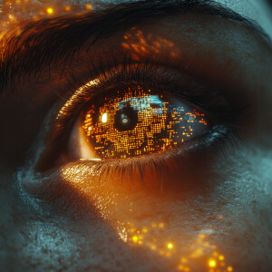 Close-up, hyper-realistic image of an advanced futuristic human...