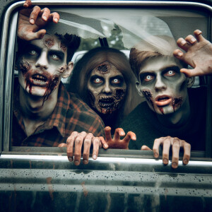 Zombies asomándose por la ventana de un auto