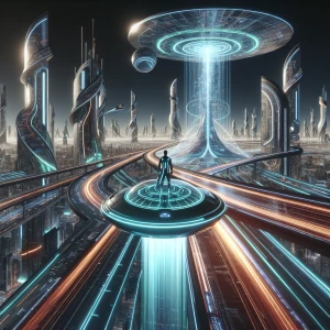 A dynamic personal transport device resembling a smooth, glowing disc, with a figure standing atop it as it hovers above a flowing, illuminated highway. The background reveals a landscape of advanced, gravity-defying architecture