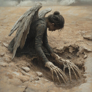 a powerful scene where a demon is lying just beneath the dirt, w...