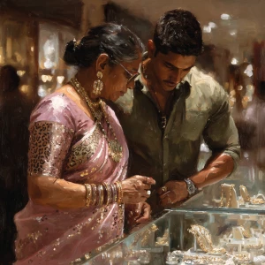 Realism, digital painting.a  mature gujarati mother in law in he...