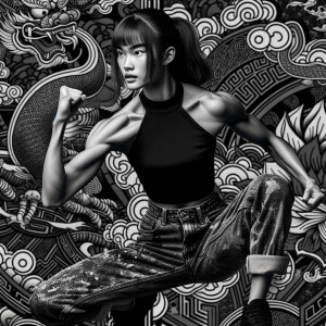 Very thin Athletic Thin skinny Attractive, Asian teenage girl, long brown hair and bangs, wearing tight skinny jeans and a halter top paint marks on her clothing, sitting side view heroic pose Asian graffiti