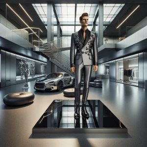 A sleek indoor fashion photoshoot featuring a model in a structured avant-garde outfit. The scene includes modern props—like metallic sculptures or reflective panels—alongside directional lighting that highlights the intricate details of the clothing and accessories