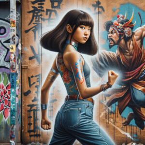 Attractive, Asian teenage girl, long brown hair and bangs, wearing tight skinny jeans and a halter top paint marks on her clothing, backside view heroic pose Asian graffiti