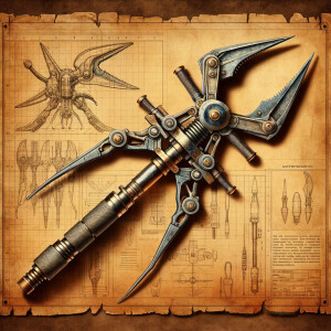 Aged parchment blueprint for a realistic alien probe, metal stic...