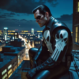 Depict an intense scene featuring The Punisher, dressed in his i...