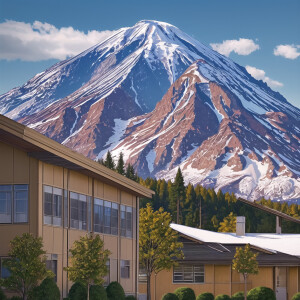 Mount Rainer in the background of a photo of a Kingdom Hall of J...